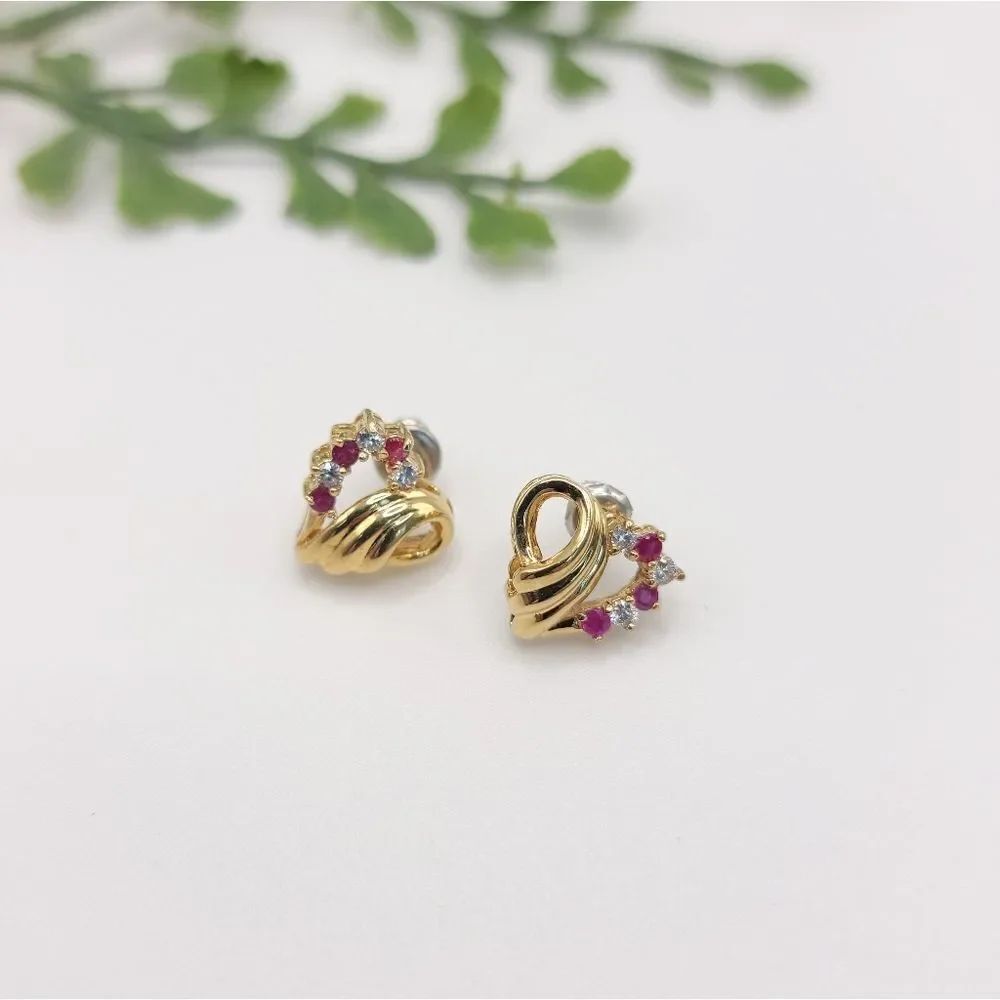 Heart Shaped Plated Gold Stud Earrings with Cubic Zirconia Stones